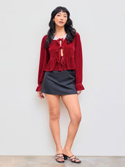 Velvet Round Neckline Lace Tie Front Ruffle Long Sleeve Blouse