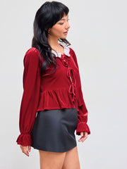 Velvet Round Neckline Lace Tie Front Ruffle Long Sleeve Blouse