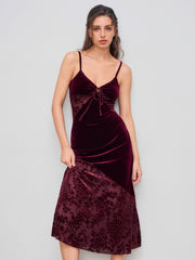 Velvet V-neck Floral Cut Out Knotted Midi Dress