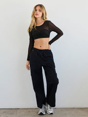 CIDERAIRY™ Jersey Round Neckline Contrast Mesh Long Sleeve Top