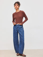 Knit Round Neckline Solid Long Sleeve Crop Top