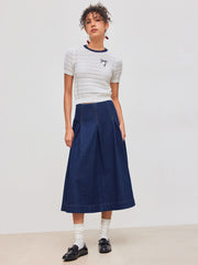 Knit Eyelet Contrasting Binding Bowknot Short Sleeve Top