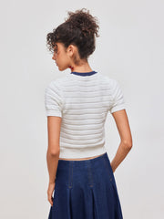 Knit Eyelet Contrasting Binding Bowknot Short Sleeve Top