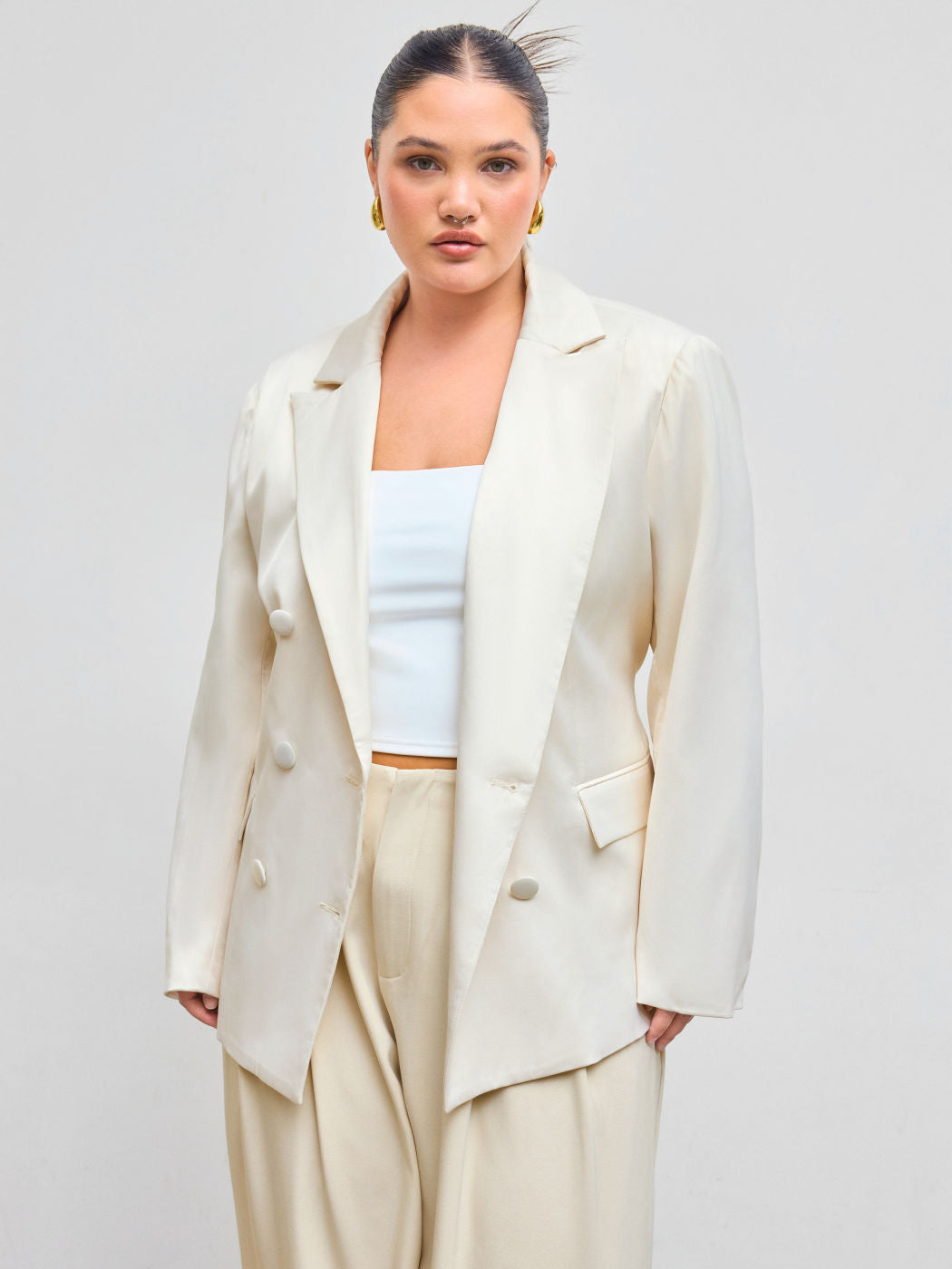 Collar Solid Button Blazer With Belt Curve & Plus