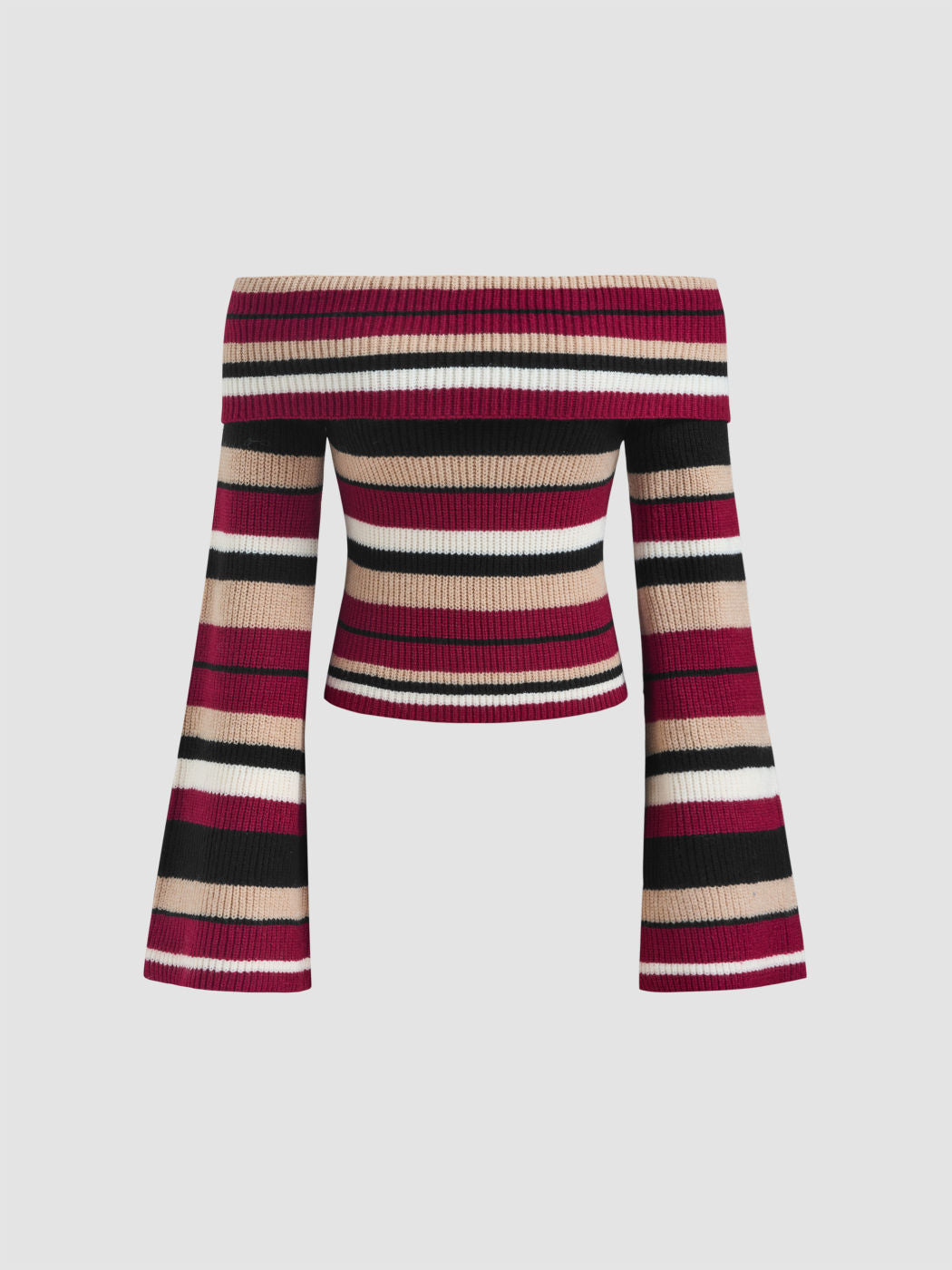 Knit Off-shoulder Striped Long Sleeve Crop Top