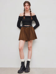 Suede Mid Rise Solid Ruffle Mini Skirt With Belt