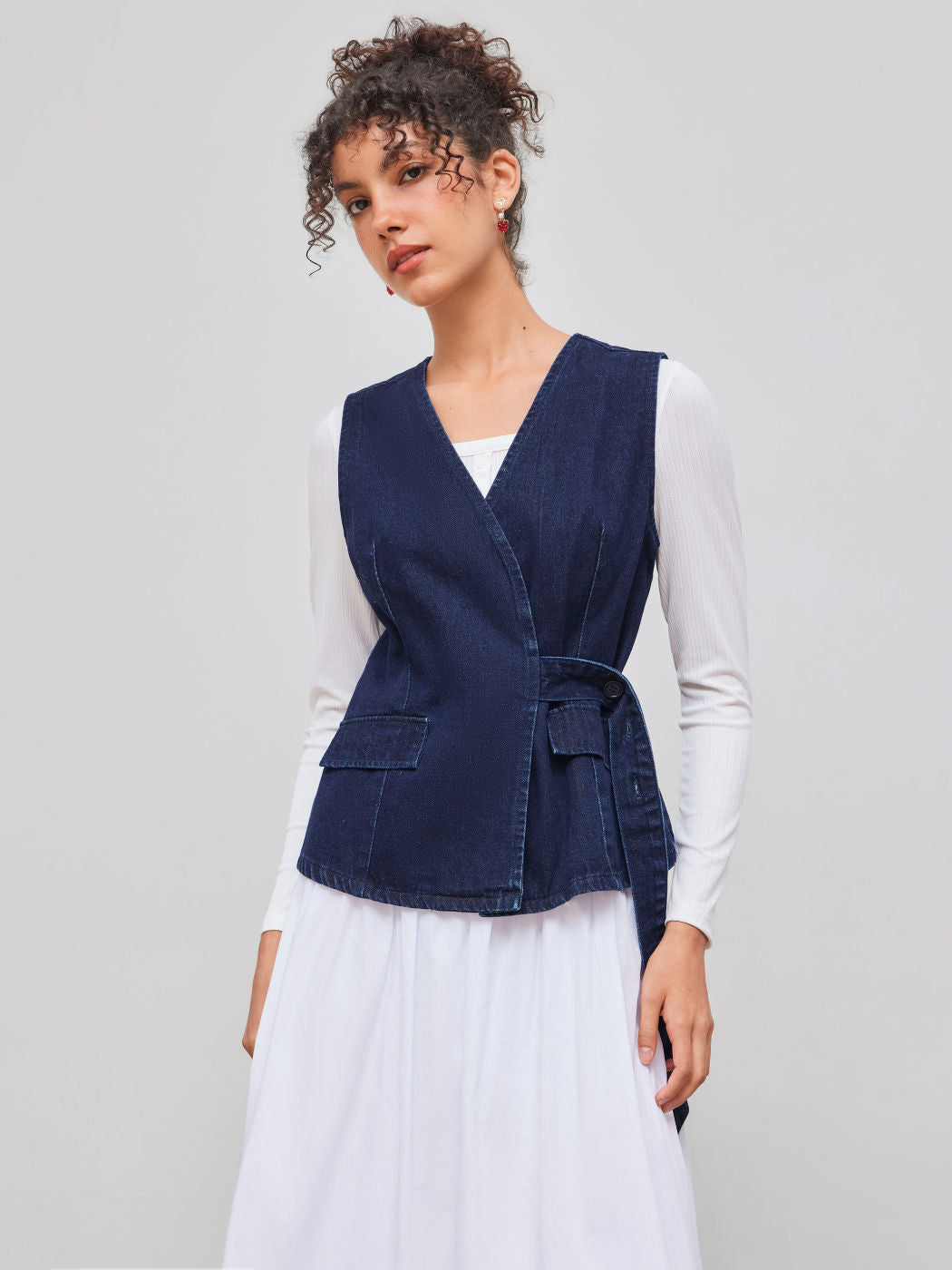Denim V-neck Solid Wrap Button Tank Top