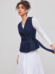 Denim V-neck Solid Wrap Button Tank Top