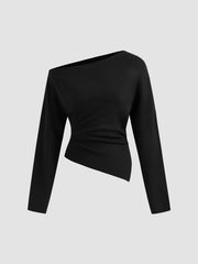 Knit Asymmetrical Neck Solid Ruched Long Sleeve Top & Sequin Mid Waist Mini Skirt
