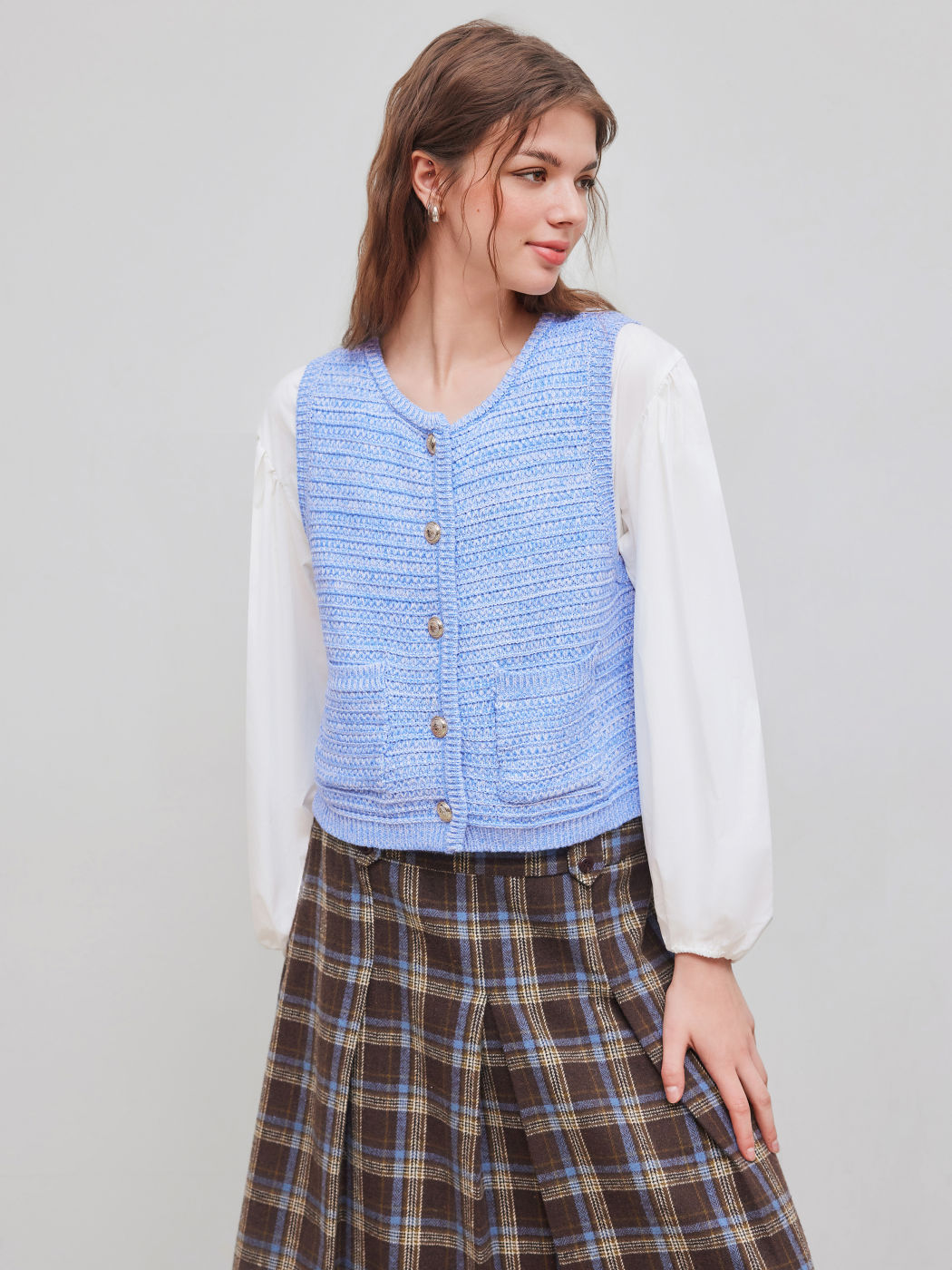 Cotton-blend Round Neckline Pocket Knitted Vest