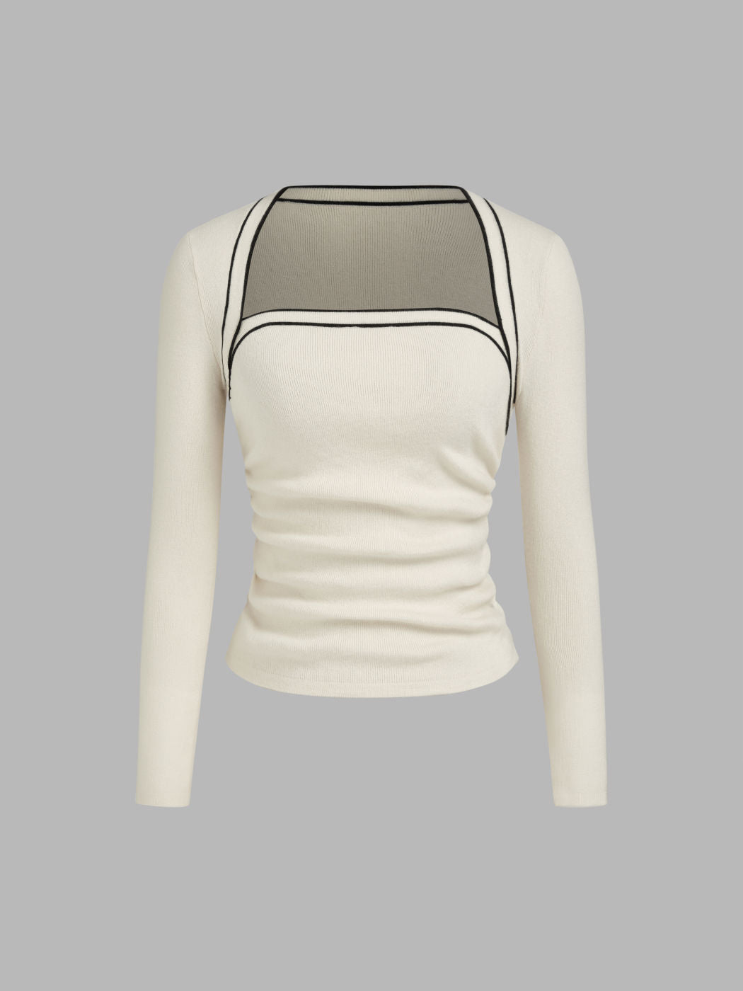 Knit Square Neck Solid Contrasting Binding Ruched Long Sleeve Top