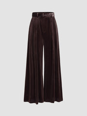 Velvet Mid Waist Pocket Wide Leg Trousers With Belt