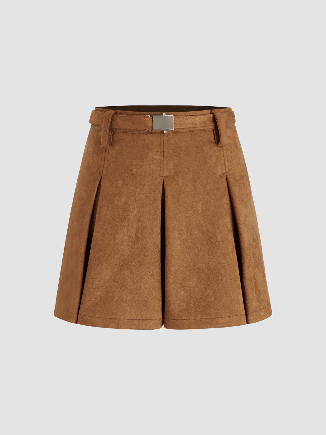 Suede Mid Rise Pleated Mini Skirt With Belt