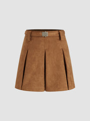 Suede Mid Rise Pleated Mini Skirt With Belt