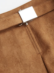Suede Mid Rise Pleated Mini Skirt With Belt