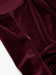 Velvet V-neck Solid Pocket Ruched Wide Leg Jumpsuit