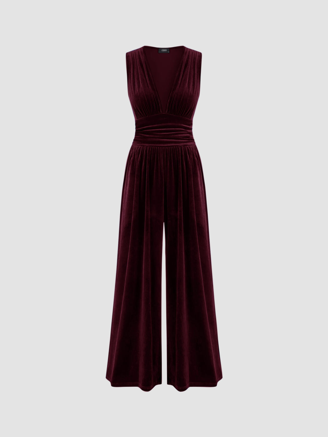 Velvet V-neck Solid Pocket Ruched Wide Leg Jumpsuit