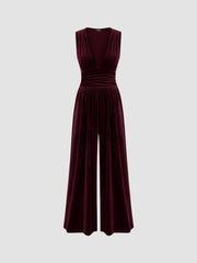 Velvet V-neck Solid Pocket Ruched Wide Leg Jumpsuit