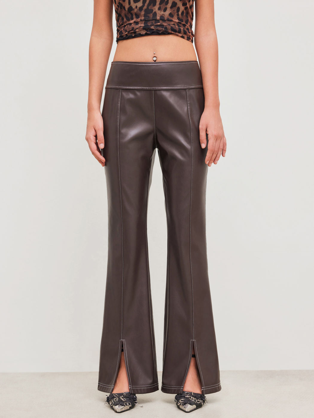 Faux Leather Low Rise Solid Split Flared Trousers