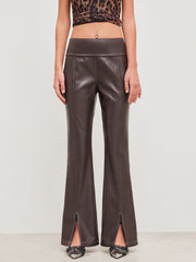 Faux Leather Low Rise Solid Split Flared Trousers