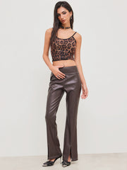 Faux Leather Low Rise Solid Split Flared Trousers