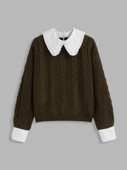 Babydoll Collar Cable Knit Faux Two-Piece Long Sleeve Sweater