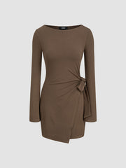 Boat Neck Solid Knotted Wrap Long Sleeve Mini Dress