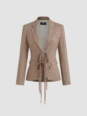 Notched Collar Houndstooth Tie Front Blazer