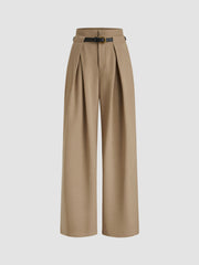 Mid Rise Solid Pleated Pocket Wide Leg Trousers With Belt