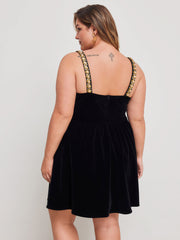 Velvet Solid Ruffle Rhinestone Shoulder Straps Mini Dress Curve & Plus