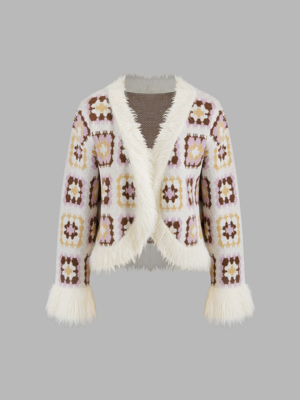 Knit V-neck Print Oversized Cardigan With Faux Fur Trim