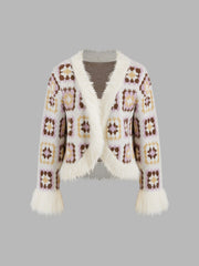 Knit V-neck Print Oversized Cardigan With Faux Fur Trim