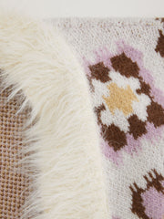 Knit V-neck Print Oversized Cardigan With Faux Fur Trim