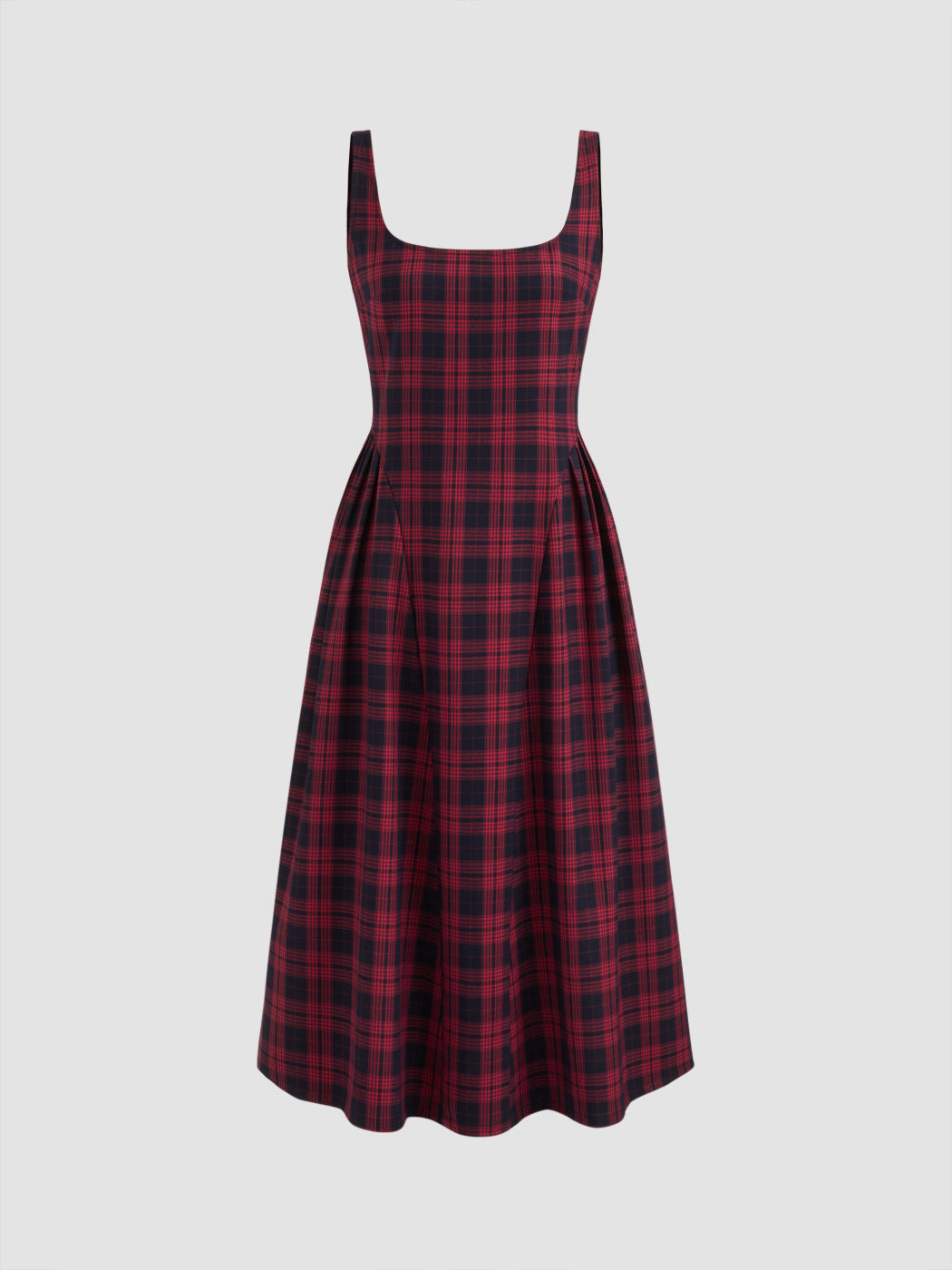 Square Neck Check Pleated Zipper Maxi Dress