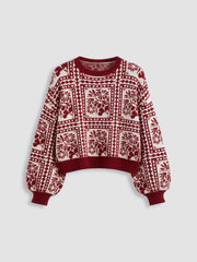 Knit Round Neckline Aztec Floral Long Sleeve Sweater Curve & Plus