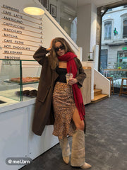 Spot Leopard Print Drawstring Split Maxi Skirt