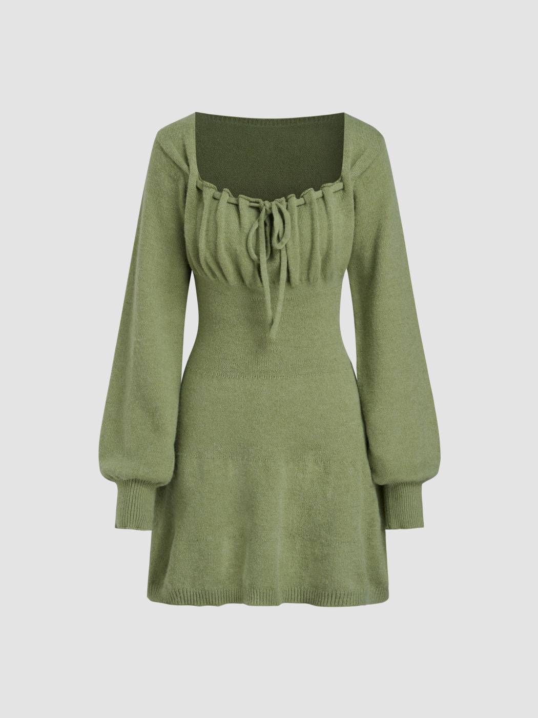 Knit Square Neck Knotted Puff Sleeve Mini Dress