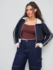 Terry High Neck Solid Contrasting Binding Zipper Sweatshirt Curve & Plus