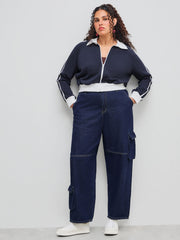 Terry High Neck Solid Contrasting Binding Zipper Sweatshirt Curve & Plus