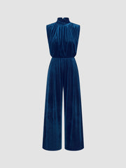 Velvet High Neck Ruched Zipper Wide Leg Jumpsuit