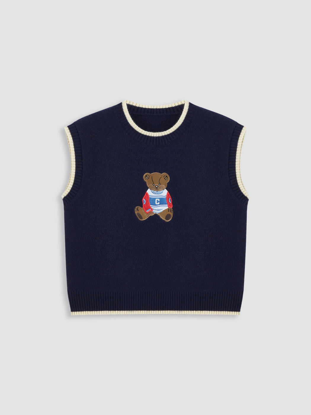 Knit Round Neckline Bear Contrasting Binding Vest Curve & Plus