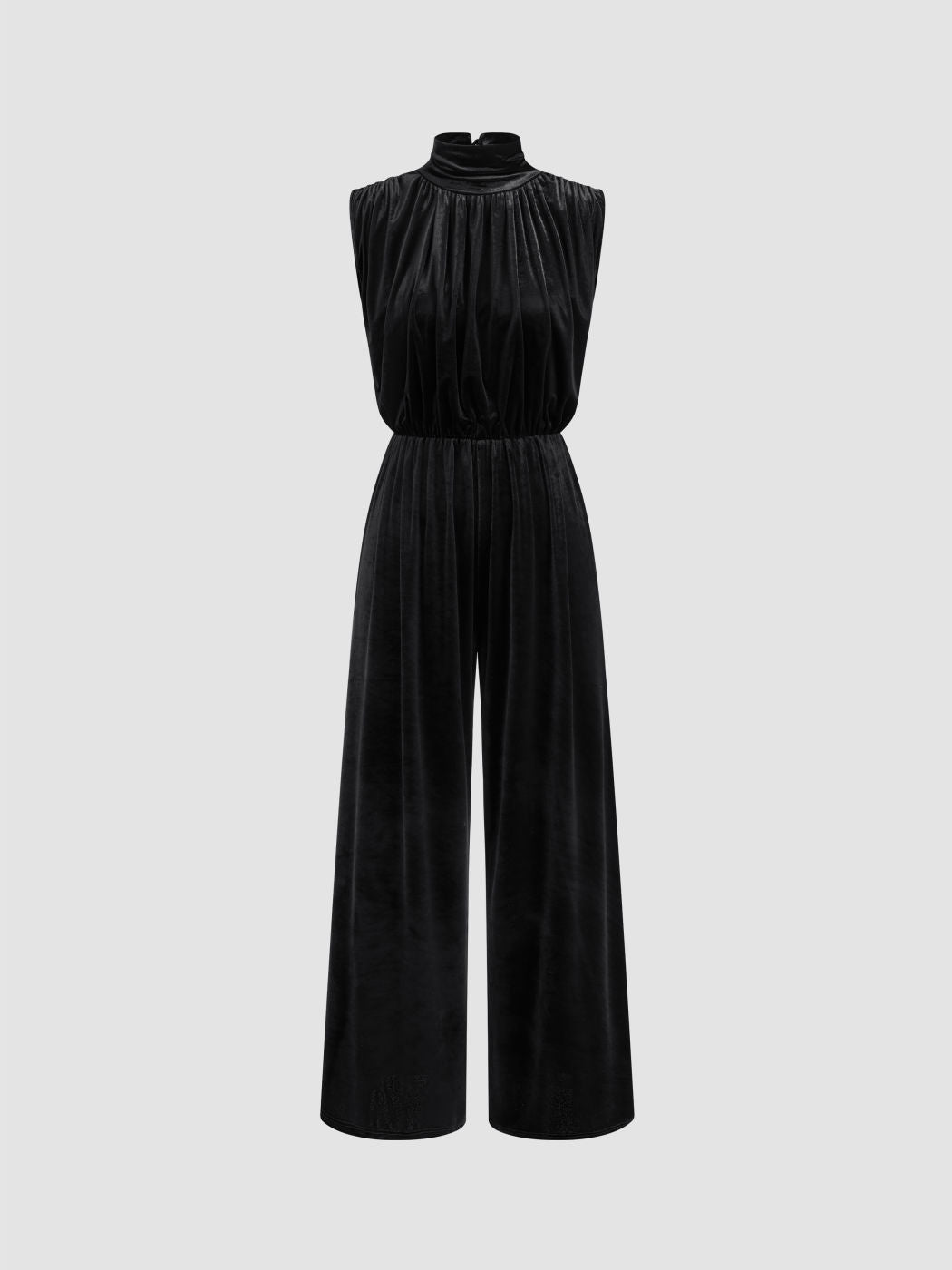 Velvet High Neck Ruched Zipper Wide Leg Jumpsuit