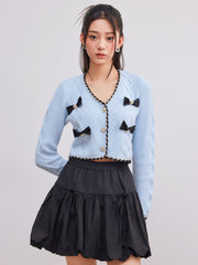 Knit V-neck Contrasting Binding Bowknot Crop Top