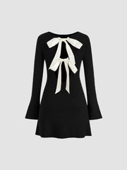 Knit Boat Neck Tie Back Bowknot Backless Mini Dress