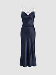 Satin Cowl Neck Rhinestone Bowknot Mermaid Maxi Dress