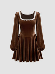 Velvet Scoop Neckline Lace Trim Ruffle Mini Dress