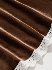 Velvet Scoop Neckline Lace Trim Ruffle Mini Dress