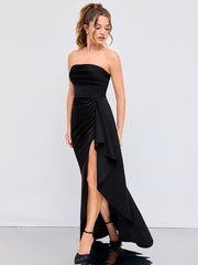 Woven Strapless Solid Ruched Maxi Dress