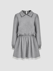 Terry Round Neckline Ruffle Broderie Anglaise Trim Mini Dress
