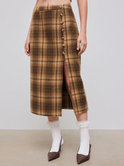 Wool-look High Rise Plaid Split Maxi Skirt